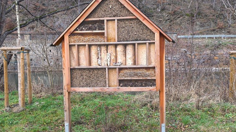 Ein Insektenhotel aus Holz steht in einer grünen Wiese. Im Hintergrund sind einige Bäume und eine Straße sichtbar.