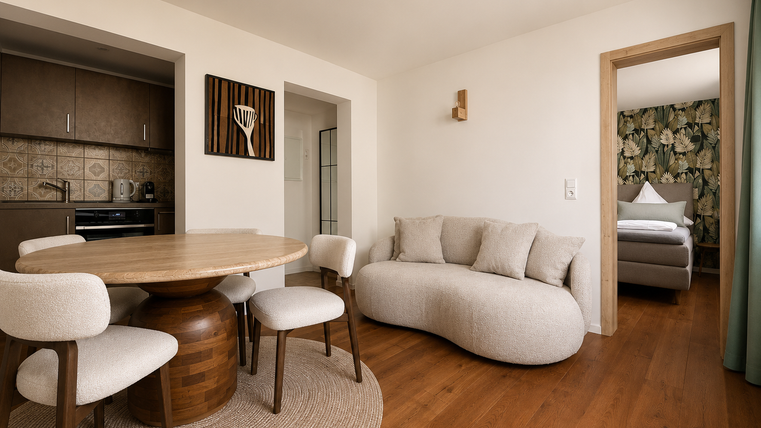 Een moderne woonkamer met een ronde tafel en gezellige stoelen. Op de achtergrond zie je een open keuken en een slaapkamer met een bloemmotief op de muur.