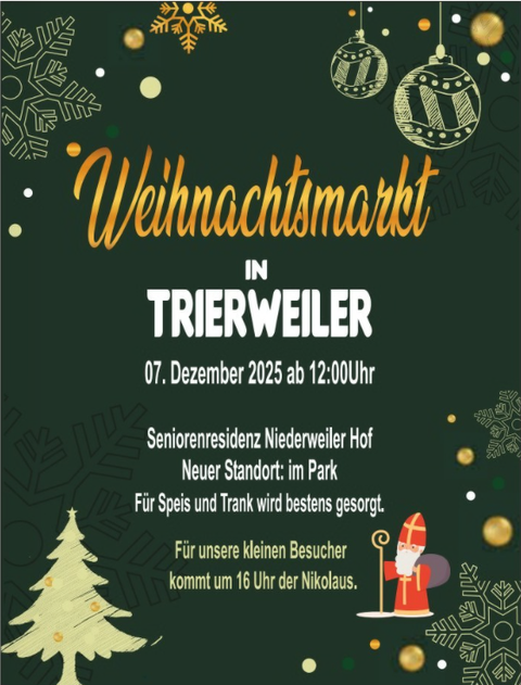 Een uitnodigende poster voor de kerstmarkt in Trierweiler. De markt vindt plaats op 7 december 2025 en biedt drank en eten, evenals een bezoek van de kerstman voor de kinderen.