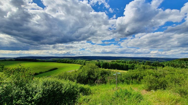 A beautiful landscape with lush green meadows and clouds in the sky. The view extends to the mountains in the distance.