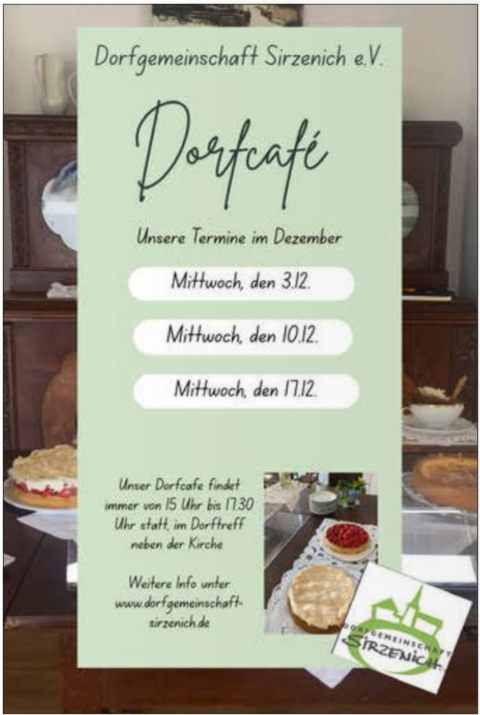 Un flyer pour le café du village de la communauté villageoise de Sirzenich e.V. affiche les dates d'octobre. Il annonce des réunions hebdomadaires et une courte pause pendant les vacances d'automne.