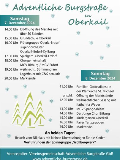 Ein Veranstaltungshinweis für den Adventlichen Burggarten in Oberkail. Die Daten zeigen die Programmpunkte für den 7. und 8. Dezember 2024.