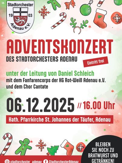 Une affiche pour un concert de l'Avent à Adenau.
Le concert aura lieu le 6 décembre 2025 dans l'église paroissiale Saint-Jean-Baptiste et est gratuit.