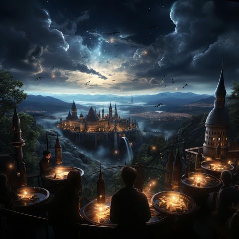 A mysterious castle sits on a hill, surrounded by mountains and a clear night sky. People sit at the table and enjoy a festive meal by candlelight.