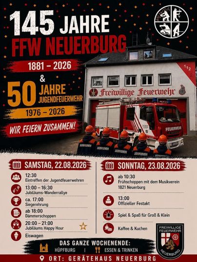 Ein Plakat zur Feier des 145-jährigen Bestehens der Freiwilligen Feuerwehr Neuerburg und des 50-jährigen Jubiläums der Jugendfeuerwehr. Es zeigt Details zu den Feierlichkeiten am 22. und 23. August 2026.
