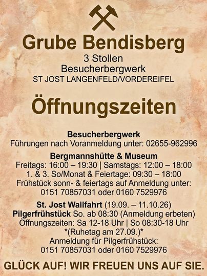 Een informatiekaart van de mijn Bendisberg met openingstijden voor de bezoekersmijn en het mijnwerkersmuseum. Er zijn ook gegevens over het pelgrimsontbijt en inschrijfmogelijkheden.