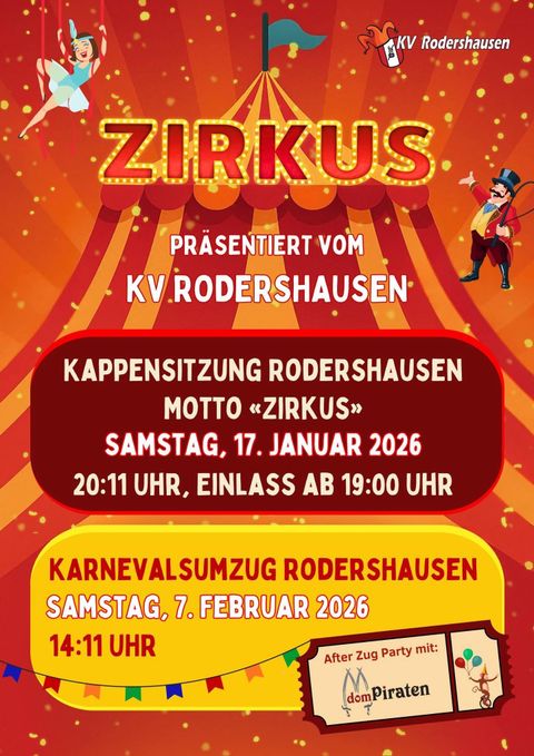 Ein Plakat für die Rodershausener Wasserwelt mit Informationen zu Veranstaltungen. Es zeigt Termine für die Kappensitzung und den Karnevalsumzug im Jahr 2025.