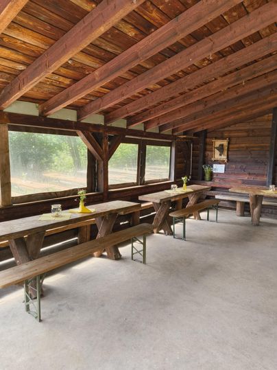 Ein rustikaler Innenraum mit Holztischen und -bänken. Große Fenster lassen viel Licht hinein und bieten einen Blick ins Grüne.