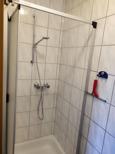 A bright shower with white tiles and a glass partition. The shower fixture is mounted on the wall and there is a handheld shower holder.