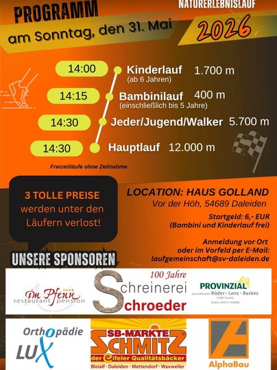 An event poster for a nature experience run in the Irsental on May 17, 2025. It displays various running categories for children and adults as well as information on registration and a tombola.
