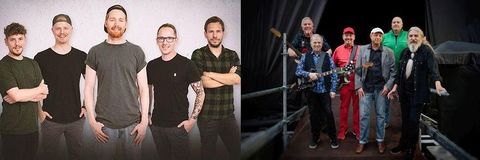 Two groups of men are standing side by side. The group on the left is dressed casually, while the group on the right is wearing colorful costumes.