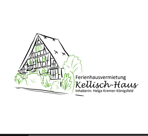 A sketched depiction of a traditional holiday home with a gable roof. The house is surrounded by green plants and the lettering "Kellisch-Haus" is clearly visible.