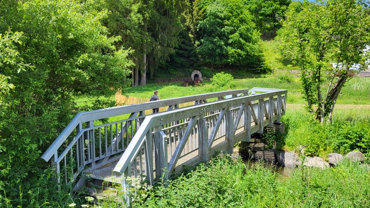 Un petit pont en bois qui enjambe un ruisseau dans un paysage verdoyant.