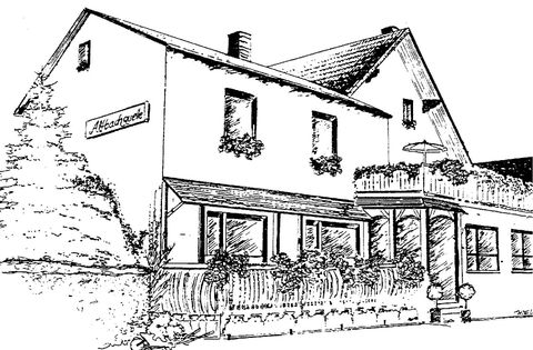 A simple, sketchy image of a house with a balcony. There are windows with flower boxes and a shaded terrace.