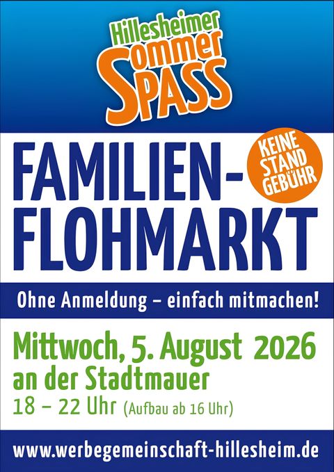 Une affiche colorée pour un vide-grenier familial à Hillesheim.
Il aura lieu le 5 août 2026, sans frais de stand et sans inscription.