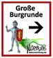Schild met ridderfiguur, pijl en tekst 'Große Burgrunde'.