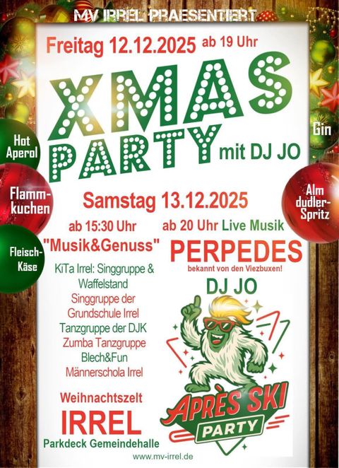 Een vrolijke kerstman met een drankje in de hand promoot een XMAS-PARTY. Het evenement vindt plaats op 6 december in Irrel en biedt glühwein en andere dranken.