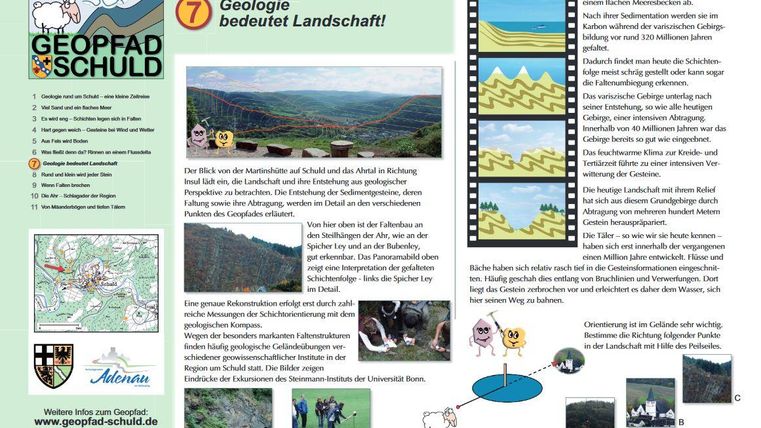 Une brochure informative sur la géologie et le paysage. Elle montre un paysage avec différentes formations géologiques et des explications sur les processus géologiques.