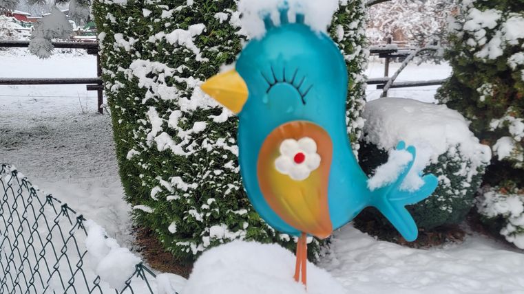 Ein bunt bemalter Vogel sitzt auf einem Pfosten, der von Schnee bedeckt ist. Im Hintergrund sind schneebedeckte Bäume zu sehen.