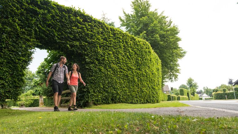 Een koppel wandelt hand in hand door een groene heg in een landelijke omgeving.