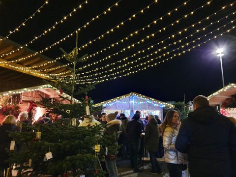 Een feestelijke kerstmarkt 's nachts met lichten en menigten. Omringd door dennenbomen en versierde kraampjes.
