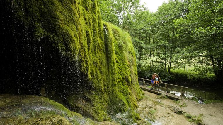 Een groene, met mos bedekte rots met kabbelend water. Op de achtergrond zijn bomen en een wandelaar op een steiger te zien.