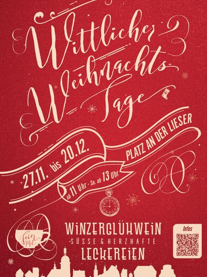 Ein festliches Plakat für die Wittlicher Weihnachtstage. Es präsentiert Informationen zu einem Markt mit Glühwein und Leckereien vom 27. November bis 20. Dezember.