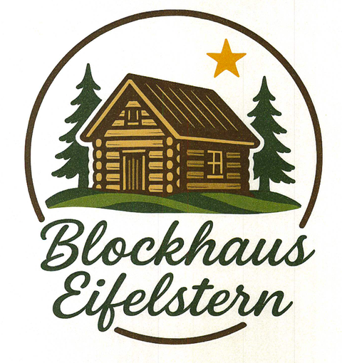 Een rustiek blokhuis met een houten structuur en een dak in bruintinten. Omringd door groene dennen en een heldere ster erboven.