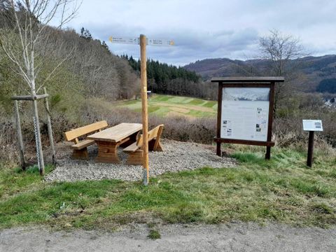 A picnic area with a wooden bench and table in a rural setting. In the background, there are trees and a meadow.