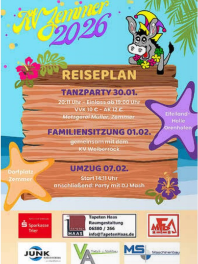 Een kleurrijk poster voor een evenement met de titel "Familienitzung". Het toont ontwerpen met dieren en informatie over toegangsprijzen en datum.