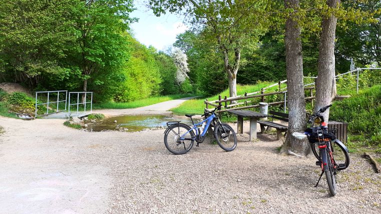 Twee fietsen staan geparkeerd op een grindpad naast bomen en een bankje. Een klein beekje stroomt over het pad. Omringd door groene bomen.