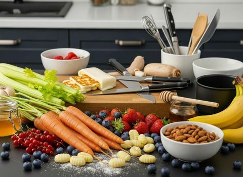 Une main coupe un poivron rouge sur une planche à découper. En arrière-plan, un saladier avec de la salade fraîche est visible.