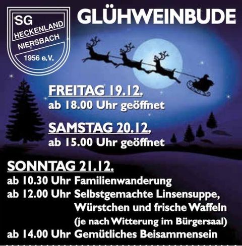 An advertisement for a mulled wine booth with opening hours and events. A family hike as well as food and cozy gatherings are offered.