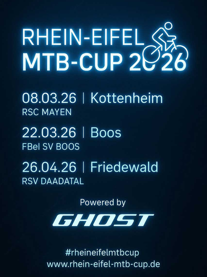 Ein Werbebanner für den Rhein-Eifel MTB-Cup. Es zeigt die Veranstaltungstermine, Sponsoren und Website-Links für die Teilnehmer.