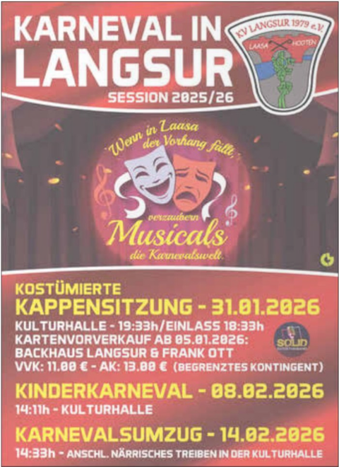 Een kleurrijk poster voor het carnaval in Langsur met informatie over evenementen en data. Het toont een feestelijke sfeer met een onderliggend beeld van sprookjesfiguren.