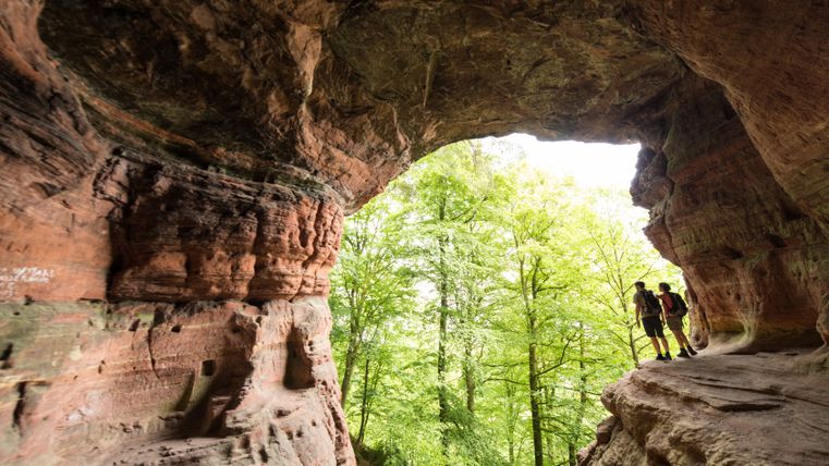Two hikers stand at the entrance to the Genoveva Cave with a view of green trees.