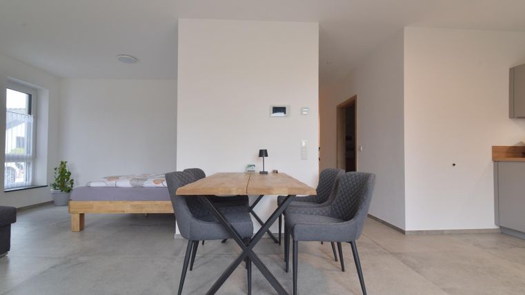 Ein modernes Wohnzimmer mit einem Esstisch und Stühlen. Im Hintergrund ist ein Bett und eine Küche sichtbar.