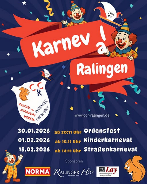 Ein bunter Karnevalswettbewerb in Ralinge mit fröhlichen Clowns und festlichen Farben. Die Veranstaltung findet an mehreren Tagen statt, beginnend am 30. Januar 2026.
