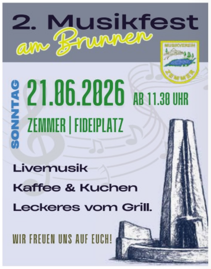 A poster for the 2nd Music Festival at the Fountain. It displays the date, the time, and the venues as well as information about live music, coffee, cakes, and grilled dishes.