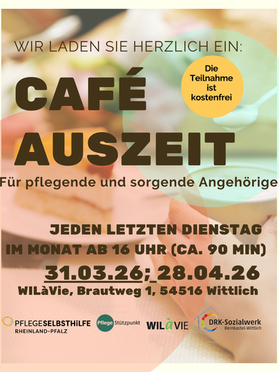 Ein einladendes Plakat für ein Café, das Pflegekräfte und Angehörige anspricht. Es enthält Informationen zum Veranstaltungsort und Zeitpunkt.