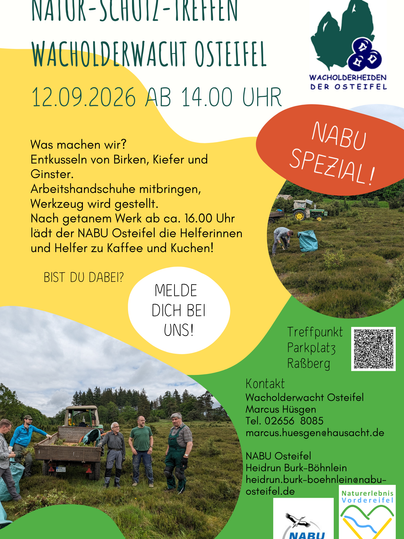 Ein Einladungsposter für ein Natur-Schutz-Treffen der Wacholderwacht Ost-Eifel. Das Treffen findet am 18. Oktober 2025 statt und umfasst Aktivitäten zum Schutz von Bäumen und Natur.