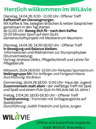 Een evenementenprogramma met verschillende data en activiteiten in WILàvie. Het bevat informatie over koffie-bijeenkomsten, sportevenementen en aanbiedingen voor zorgbehoevenden.