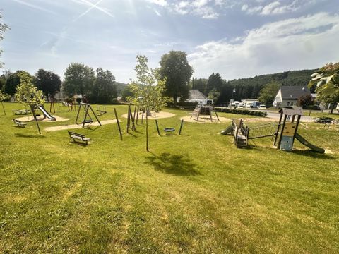 Een speeltuin met verschillende speeltoestellen en veel groen gras. Op de achtergrond zijn bomen en enkele gebruiksvriendelijke zitgelegenheden te zien.