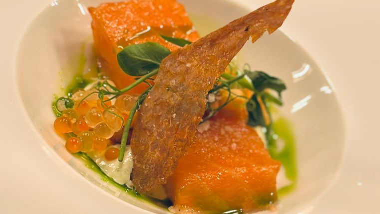Een kunstzinnig opgemaakt bord met twee porties zalm en een krokante schaal. Daarbij verse kruiden en kleine visseneitjes.