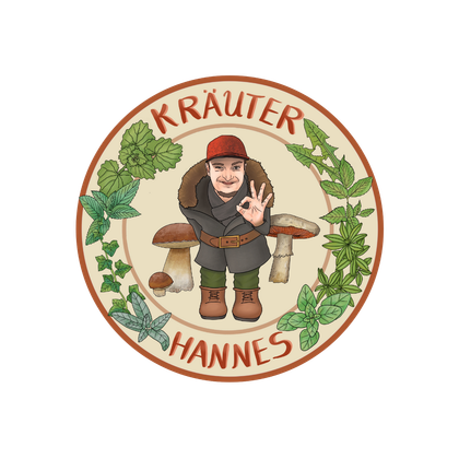A round logo with the inscription "Kräuter Hannes". In the center is a smiling figure surrounded by mushrooms and herbs.