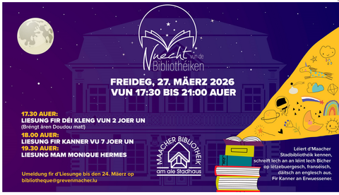 Eine Veranstaltung in der Bibliothek mit Lesungen für Kinder und Erwachsene. Es gibt verschiedene Aktivitäten und Gäste, die um 17:30 Uhr beginnen.