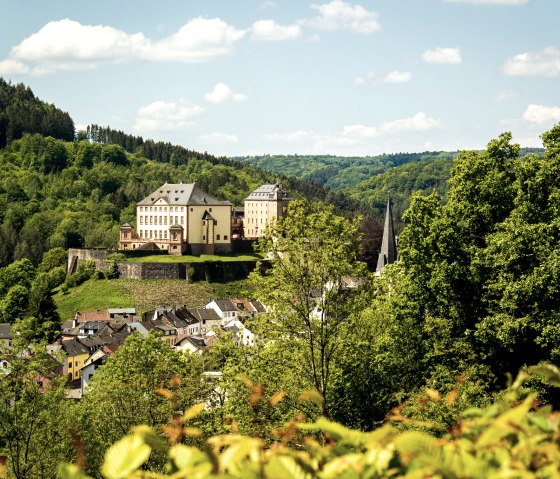 Le château de Malberg trône majestueusement au-dessus d'un village entouré de forêts et de collines luxuriantes, sous un ciel bleu parsemé de nuages blancs., © Tourist-Information Bitburger Land_Monika Mayer