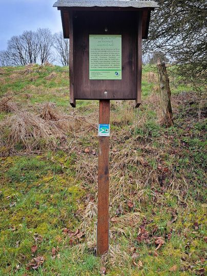 Ein Informationsschild aus Holz steht auf einer Wiese. Im Hintergrund sind Bäume und ein bewölkter Himmel zu sehen.