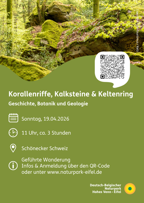 An event notice for a guided hike in the nature park. The image shows a green forest with rocks and information about the date and time.