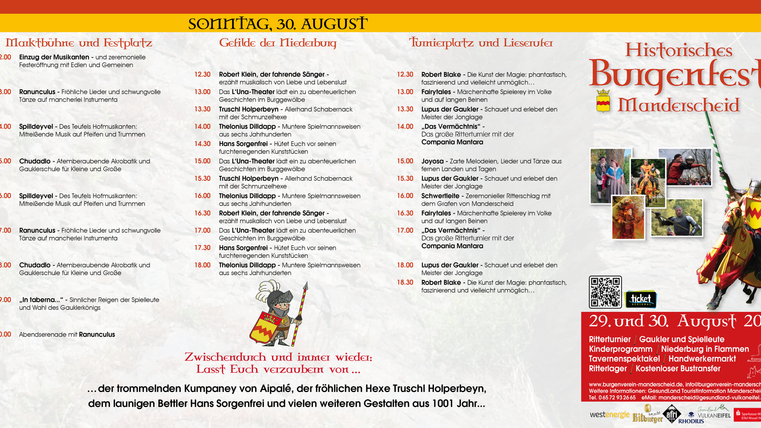Ein Plakat für das historische Burgenfest in Manderscheid am 30. August. Es zeigt das Programm mit verschiedenen Aktivitäten und Zeitangaben.